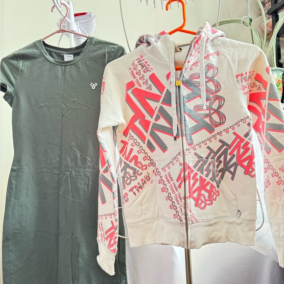 TNA Dresses & Skirts - TNA Hooded Sweatshirt in Light Gray with Orange Accent & Sage Green Dress